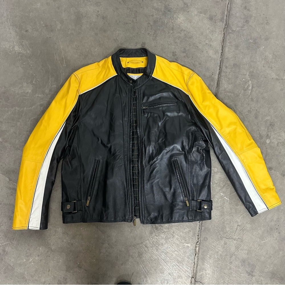 Men’s Vintage Wilson’s Black and Yellow Leather Jacket Biker Style